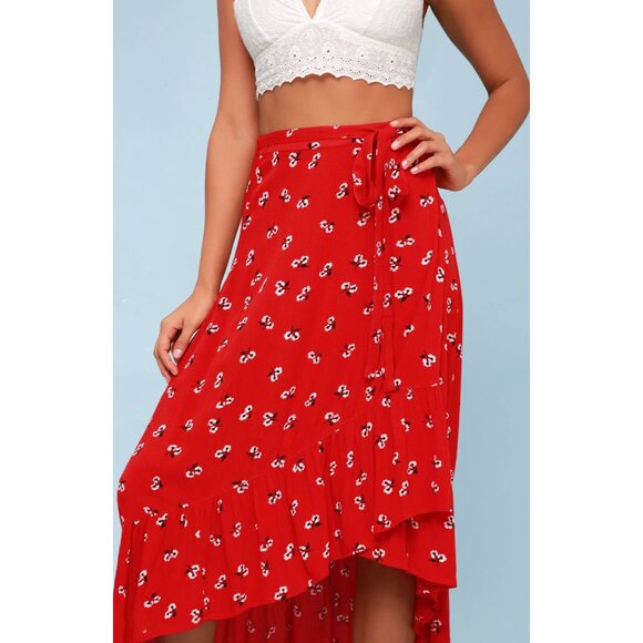 BILLABONG "Dancing Til Dawn Red" Floral Print Midi Wrap Boho Beach Skirt M - Picture 13 of 14